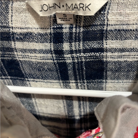 John Mark Floral Embroidered High Neck Collar Navy Plaid Button Down Shirt - Picture 3 of 12